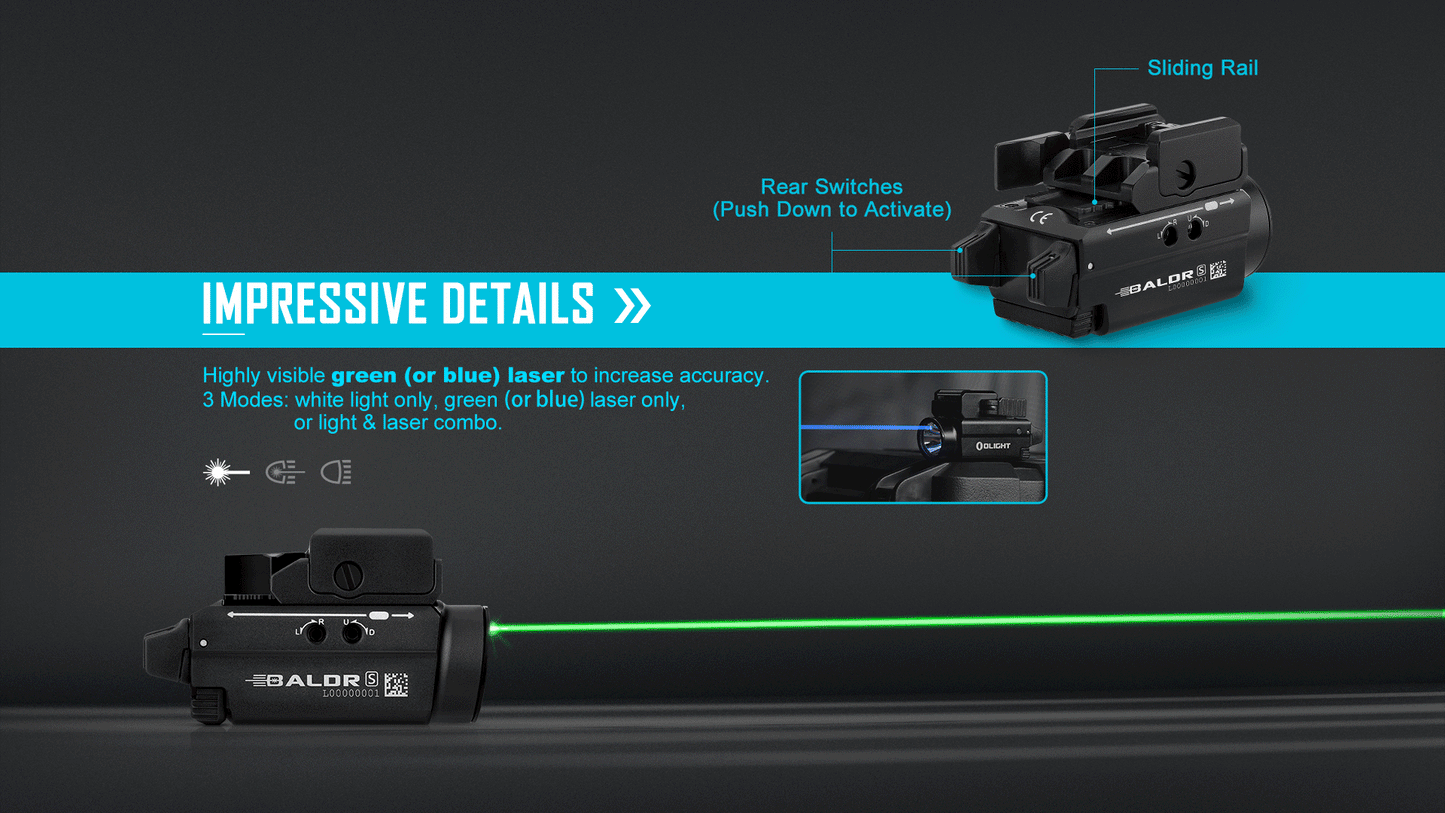 Olight Baldr S – Rail-Mounted Light with Strobe & Green Laser - 800 Lumens