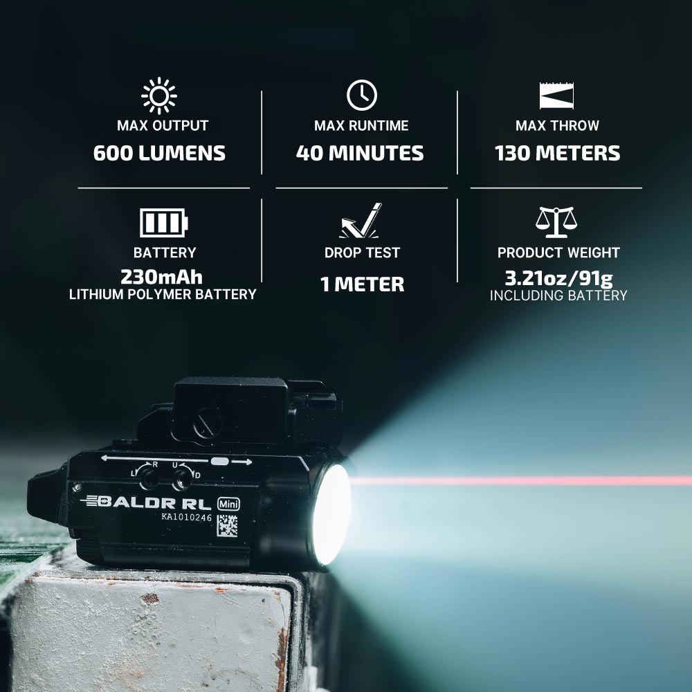 Olight Baldr Mini / Baldr RL Mini – Compact Weapon Light with Integrated Laser - 600 Lumens