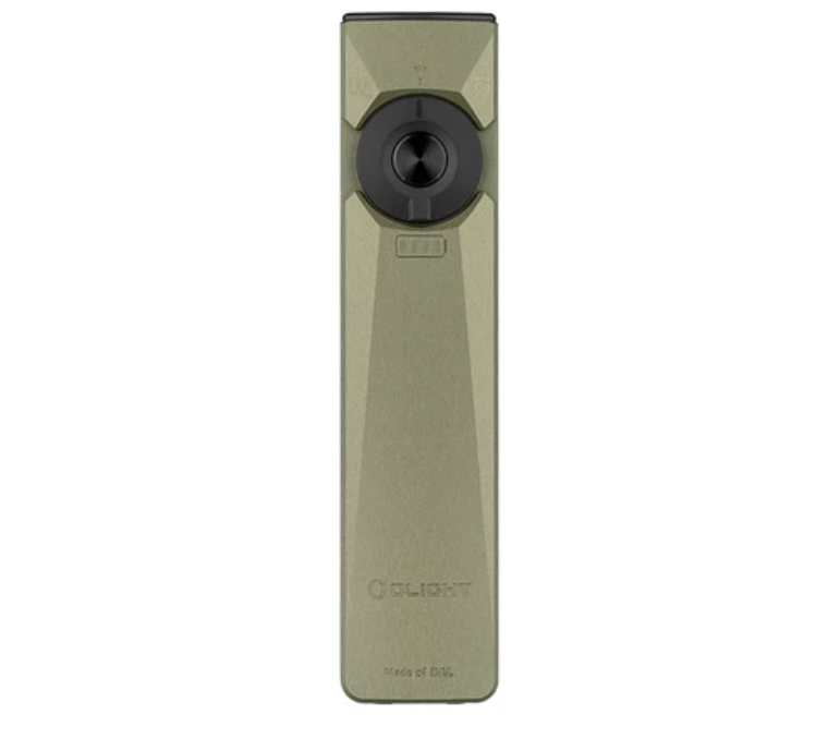 Olight Arkfeld Ultra olive-colored flashlight, front view