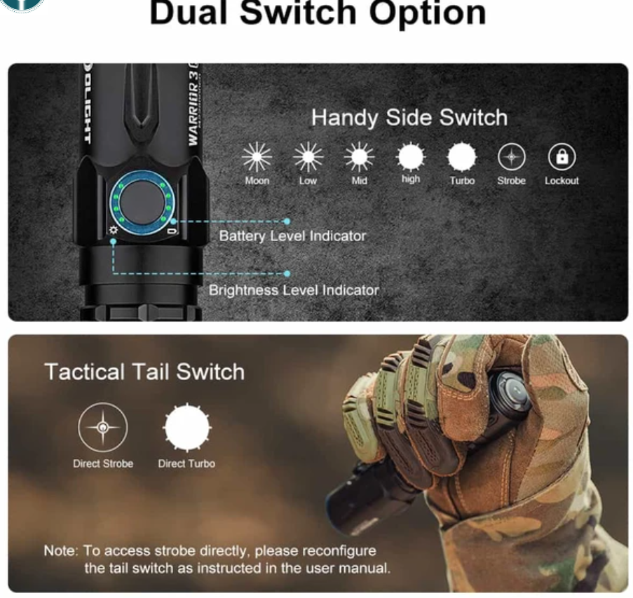 OLIGHT Warrior 3S – Tactical Dual-Switch Flashlight - 2300 Lumen / 984m