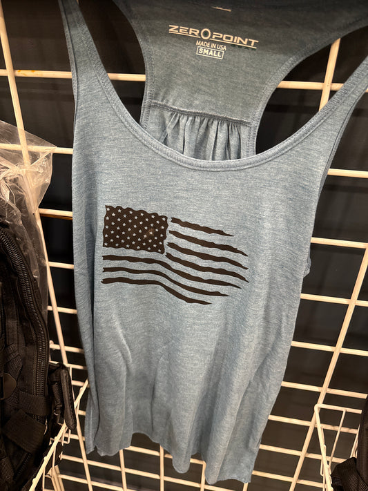 Distressed Flag Racerback Tee – Ladies Cut