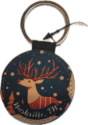 Nashville Christmas Deer Round Leatherette Keychain