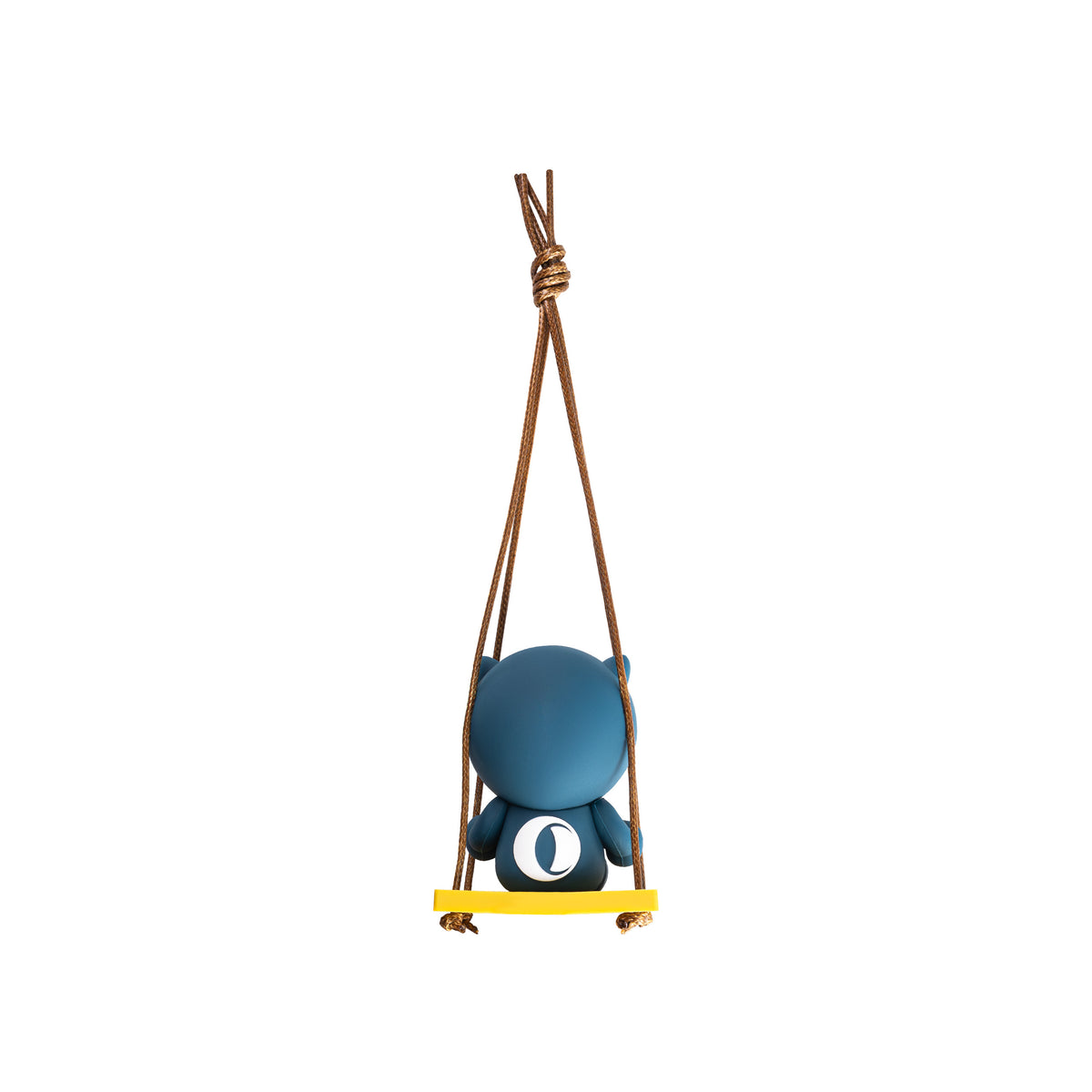 OLIGHT blue mascot on a yellow swing with hanging cord, rear view