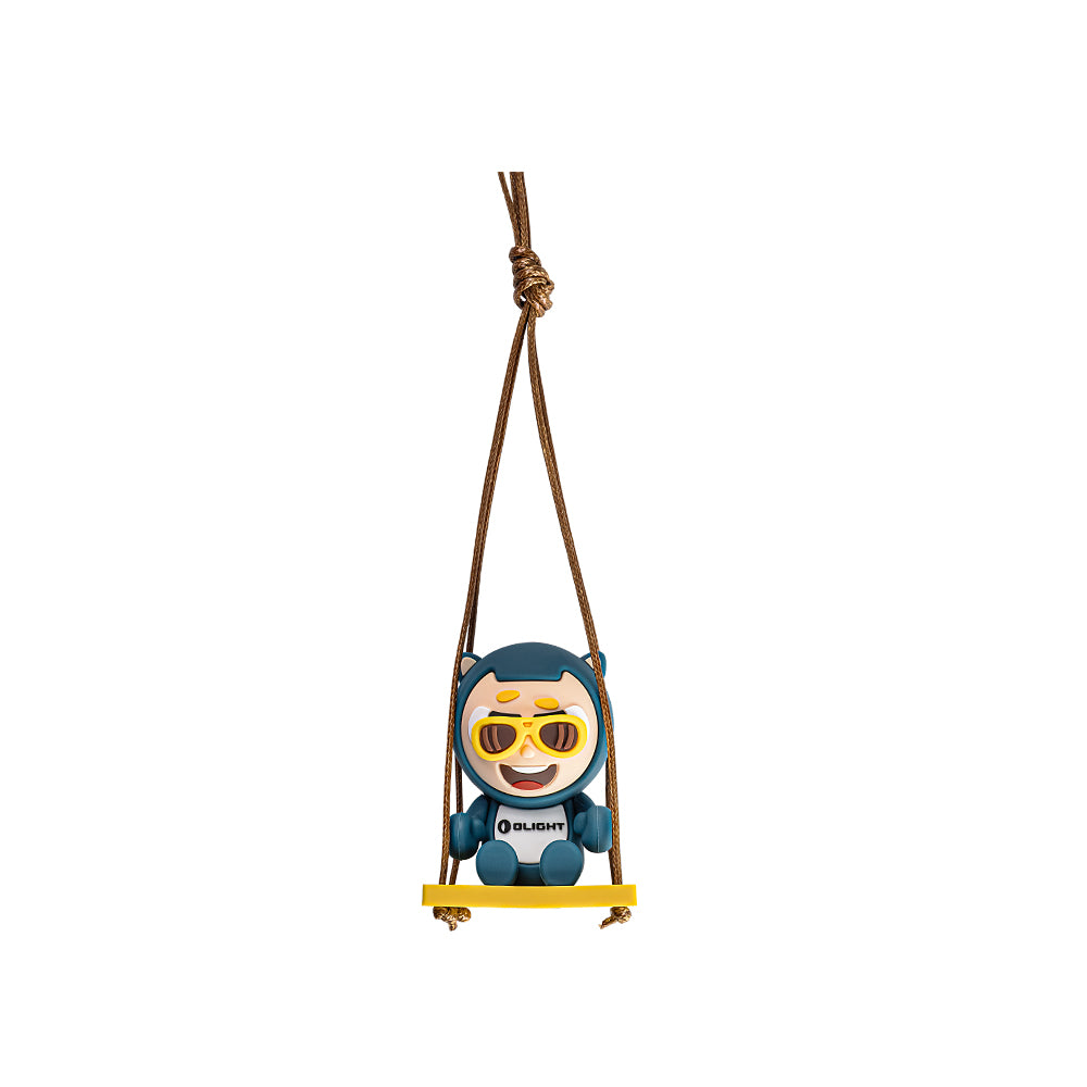OLIGHT blue mascot seated on a yellow swing with hanging cord, front view